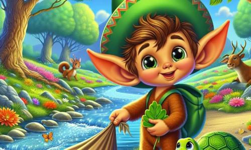 Un pequeño duende con grandes orejas puntiagudas y una sonrisa alegre, que lleva un sombrero verde, está recogiendo basura al borde de un arroyo brillante. Sus ojos brillan de entusiasmo y determinación mientras se inclina para recoger un trozo de plástico. A su lado, una tortuga sabia con un caparazón verde y ojos suaves observa con preocupación, sosteniendo una hoja con sus patas. Parece reflexionar sobre la mejor manera de ayudar a su amigo. El lugar es un hermoso bosque, lleno de majestuosos árboles de hojas verdes brillantes, flores coloridas que bailan al viento y un arroyo claro que serpentea por el paisaje, reflejando el cielo azul. La situación principal muestra al duende y a la tortuga unidos en su misión de limpieza, rodeados de su alegre grupo de amigos animales, todos decididos a hacer su entorno más limpio y hermoso.