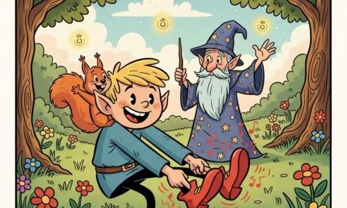 Fikulek — elf, chłopiec (ok. 10 lat): okrągła twarz, duże spiczaste uszy, rozczochrane blond włosy, rozbawione oczy; figlarnie uśmiecha się i lekko trzyma parę czerwonych, błyszczących butów magicznych, które chcą same tańczyć. Pufek, mała wiewiórka: psotne zwierzątko na lewym ramieniu Fikulka, ruda sierść, puszysty ogon, śmieje się i wyciąga łapkę, by przytrzymać niepokorne buty. Mędrzec Miękkostóp — elf, bardzo stary chłopiec o wyglądzie starego maga: długa srebrna broda, sfatygowany spiczasty kapelusz, gwiaździsta szata; stoi w oddali i delikatnie macha drewnianą różdżką, patrząc życzliwie. Miejsce: jasna łąka z wysoką szmaragdową trawą, kolorowymi kwiatami i starymi dębowymi pniami, pastelowe niebo z puszystymi chmurami i kilkoma świetlikami. Sytuacja: Fikulek uczy się kontrolować swoje magiczne buty — dynamiczna scena: czerwone buty w ruchu w kreskówkowym stylu, śmiech i magiczne iskry wokół, kompozycja skupiona, żywe kolory, grube czarne kontury, miękkie ciepłe oświetlenie.