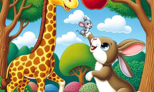 Eine elegante Giraffe namens Gina mit einem langen, braun-gelben gefleckten Hals steht auf ihren Hinterbeinen, ihre Augen glänzen vor Aufregung, während sie ihren Hals nach einem großen, saftigen roten Apfel streckt, der hoch an einem Ast hängt. Neben ihr steht ein kleiner Hase mit großen weißen Ohren und weichem, seidigem Fell auf seinen Hinterbeinen, bereit zu helfen, während eine kleine graue Maus mit funkelnden Augen auf den Rücken des Hasen klettert, um Gina zu erreichen. Die Szenerie zeigt einen bunten Wald mit dicken Baumstämmen, leuchtend grünen Blättern, bunten Blumen auf dem Boden und einem hellblauen Himmel mit flauschigen Wolken. Die Szene zeigt Gina, den Hasen und die Maus, die in einem Moment fröhlicher Kameradschaft vereint sind, während sie zusammenarbeiten, um den Apfel zu erreichen, und verdeutlicht die Bedeutung von Freundschaft und gegenseitiger Hilfe.