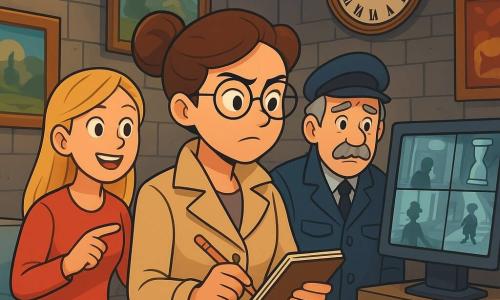 Een vrouwelijke detective, genaamd Nina, staat in het midden van de scène, met bruin haar in een knot en ronde brillen die haar een intelligente en vastberaden uitstraling geven. Ze draagt een beige trenchcoat en houdt een notitieboekje in een hand, met een geconcentreerde en nieuwsgierige uitdrukking. Aan haar rechterkant kijkt een oudere man, de museumwacht, met grijs haar en een snor, bezorgd naar de beveiligingsbeelden op een scherm. Aan haar linkerkant wijst een jonge vrouw, de museumgids van ongeveer 25 jaar, met blond haar en een vriendelijke glimlach, op een afbeelding op het scherm, zichtbaar opgewonden over de ontdekking. De locatie is een oud museum met grijze stenen muren, verlichte vitrines en dansende schaduwen van hanglampen. Kleurrijke schilderijen sieren de muren en een grote antieke klok siert de ruimte, wat een vleugje mysterie toevoegt. De belangrijkste situatie toont Nina die aandachtig de beveiligingsbeelden onderzoekt, op zoek naar aanwijzingen over de diefstal van een waardevolle amulet, terwijl de gids en de wacht haar observeren, ongeduldig om de waarheid te ontdekken.