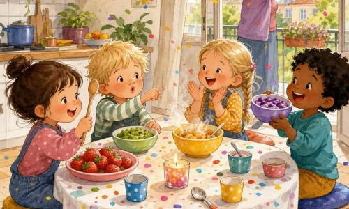 Quattro bambini di circa 3 anni intorno a un tavolo basso in cucina: Mia, bambina dai capelli castani corti con un piccolo chignon a sinistra, tiene un cucchiaio come una bacchetta e sorride davanti a un piatto di fragole rosa-rosso; Leo, biondo spettinato a destra di Mia, fa una smorfia divertita e indica una crema di verdure su un piatto verde; Sara, bionda con treccine di fronte a Mia, batte le mani felice vicino a una ciotola gialla di mele cotte fumanti; Tommaso, riccio e moro a destra di Sara, ride mostrando una ciotolina di mirtilli mescolati a yogurt viola chiaro; cucina accogliente e luminosa vista a tre quarti, tavolo in legno chiaro con tovaglia bianca macchiata di purea colorata, una finestra che dà su un balcone dove la nonna sistema una ghirlanda con il nuovo numero dell'anno, una candela accesa al centro, stoviglie colorate e coriandoli che cadono dolcemente mentre festeggiano il Capodanno.