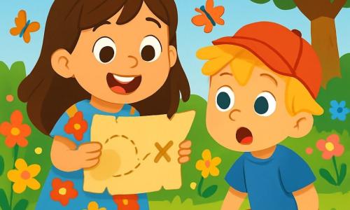 Una niña de 4 años, con largos cabellos castaños y ojos brillantes de curiosidad, sostiene un viejo papel amarillento en sus manos. Lleva un vestido de flores coloridas y una gran sonrisa en su rostro, mostrando su emoción por la aventura. A su lado, un niño de 5 años, con el cabello rubio alborotado y una gorra roja, mira el papel con asombro. Él lleva una camiseta azul y pantalones cortos, y está sentado en la hierba, listo para ayudar. El jardín está lleno de flores brillantes de todos los colores, con mariposas volando alrededor. Al fondo, se ve un gran árbol con ramas extendidas y un cielo azul claro con algunas nubes blancas esponjosas. La niña y el niño descubren juntos el tesoro escondido siguiendo el misterioso camino del jardín, con los ojos brillantes de emoción y aventura.