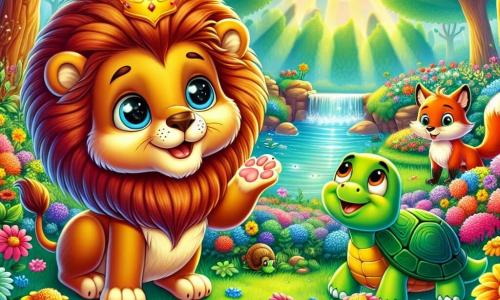 Ein kleiner Löwe namens Leo, mit einer prächtigen goldenen Mähne, die in der Sonne glänzt, steht im Mittelpunkt der Szene, seine Augen funkeln vor Aufregung und ein großes Lächeln ziert sein Gesicht. Rechts von ihm sitzt eine Schildkröte namens Tina, mit einem grünen Panzer und sanften Augen, die Leo ermutigend anblickt. Links grinst ein schlauer Fuchs namens Felix, mit leuchtend orangefarbenem Fell und einem buschigen Schwanz, und hebt eine Pfote, bereit Leo zu helfen. Die Szenerie ist ein geheimer Garten voller leuchtender Blumen: rote Rosen, gelbe Sonnenblumen und zarte Veilchen, umgeben von majestätischen Bäumen mit grünen Blättern. Im Hintergrund funkelt ein Bach in der Sonne und verleiht dem Ganzen einen Hauch von Magie. Leo, voller Enthusiasmus, ist bereit, diesen zauberhaften Garten zu betreten und seine Wunder zu entdecken, während Tina und Felix ihn bewundernd anfeuern.