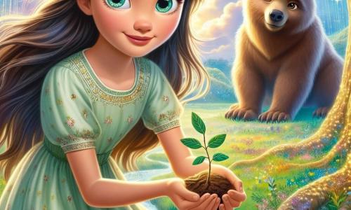 Im Mittelpunkt des Bildes steht Lila, ein etwa 16-jähriges Mädchen, mit einem staunenden und entschlossenen Blick. Sie hat lange braune Haare, die im Wind wehen, neugierige, funkelnde Augen und trägt ein leichtes grünes Kleid mit floralen Mustern. Sie pflanzt gerade ein kleines Setzling in die Erde, ein strahlendes Lächeln auf ihrem Gesicht. Rechts von ihr sitzt Kanu, ein großer Braunbär mit sanften Augen, der Lila stolz beobachtet. Er sitzt auf seinen Hinterbeinen, seine großen Krallen auf dem Boden, und scheint Lila bei ihrer Aufgabe zu ermutigen. Im Hintergrund erstreckt sich eine bezaubernde Landschaft: majestätische Bäume mit schillernden Blättern, bunte Blumen, die im Wind tanzen, und ein blauer Himmel mit fluffigen Wolken. Ein glitzernder Bach schlängelt sich durch die Szene und verleiht der Umgebung einen Hauch von Magie. Die Hauptsituation zeigt Lila, die ihre Kräfte entdeckt, indem sie ein Setzling pflanzt, was ihre Verbindung zur Natur und ihre Rolle als Beschützerin des magischen Reiches symbolisiert.