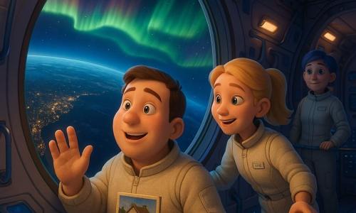 Mężczyzna-astronauta około trzydziestki, okrągła uśmiechnięta twarz, krótkie brązowe włosy, czuły wzrok skierowany na okrągłe okno, lekki skafander, jedna ręka na szybie, druga trzyma starą fotografię domu; młoda Lena (~25) z blond kucykiem, uśmiechająca się, trzyma się poręczy i wspiera go, także patrzy na zorzę; kapitan Anna (~40) z krótkimi szaro-niebieskimi włosami stoi w tle przy panelu kontrolnym i obserwuje z dumą; przestronny moduł obserwacyjny z gładkimi metalowymi ścianami, miękkim niebiesko-fioletowym oświetleniem, uchwytami i ekranami; przez dużą okrągłą szybę widać czarną Ziemię z rozświetlonymi miastami i falującą zielono-różową zorzę nad oceanem; spokojny wieczór na stacji, ciepła, bezpieczna atmosfera, trzech astronautów wspólnie kontempluje zorzę, wyraźne emocje nostalgii i współtowarzyskości, żywe kolory odbijające się na twarzach; styl: miękki realistyczny render 3D dla dzieci, gładkie faktury, ciepłe oświetlenie, czytelne życzliwe wyrazy twarzy.