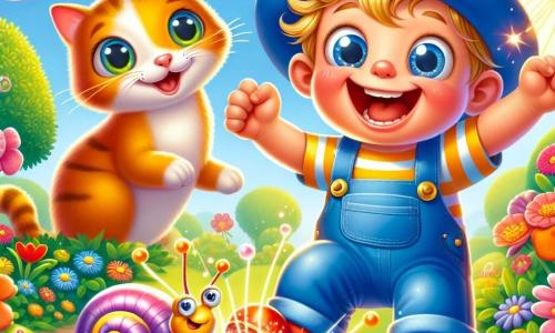 Um menino de 4 anos, Tiaguinho, com bochechas redondas e um grande sorriso, usa um chapéu azul brilhante e uma camiseta listrada. Ele pula de alegria, segurando um botão dourado que brilha em sua mão. Ao seu lado, Pompom, um grande gato laranja com botas de borracha vermelhas, está em suas patas traseiras, com os olhos arregalados de surpresa, pronto para deslizar em uma bolha de sabão. Dominguinho, um caracol com uma concha colorida, avança lentamente, com os olhos brilhando de curiosidade, observando o botão mágico. A cena acontece em um jardim ensolarado de Pompilândia, repleto de flores coloridas, pequenas árvores com folhas brilhantes e bolhas de sabão flutuando no ar. No centro, Tiaguinho ri enquanto aperta o botão dourado, provocando explosões de luz e respingos de cores vibrantes ao seu redor.