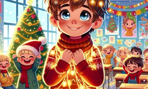 Um menino de 12 anos, Miguel, com cabelos castanhos bagunçados e olhos cheios de curiosidade, está em frente a uma linda árvore de Natal decorada, com um grande sorriso no rosto, expressando alegria e encantamento. Ele usa um suéter vermelho com padrões de flocos de neve e uma calça jeans. Ao lado dele, seu irmão mais novo, Luís, de 6 anos, com cabelos loiros e bochechas arredondadas, está enrolado em luzes de Natal, rindo alto, o que acrescenta um toque de alegria à cena. Ao fundo, a sala de aula está decorada com guirlandas coloridas e desenhos de crianças pendurados nas paredes, criando uma atmosfera festiva e acolhedora. A cena principal mostra Miguel e Luís se divertindo juntos, cercados por seus colegas de classe, todos brincando na neve e celebrando a magia do Natal, com flocos de neve caindo suavemente ao redor deles.