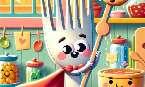 Um pequeno garfo chamado Gil, alegre e colorido, com um grande sorriso e olhos brilhantes, está pendurado na borda de uma alta prateleira de cozinha, segurando um delicioso biscoito entre os dentes. Ele usa um pequeno lenço vermelho como capa, flutuando atrás dele, enquanto exibe uma expressão de triunfo e excitação. Ao seu lado, uma grande colher de madeira, com um rosto amigável e olhos redondos, observa Gil com admiração, de braços cruzados, em um prato colorido abaixo, pronta para encorajá-lo. Um prato azul, sorridente e curioso, está logo abaixo, levantando os braços como se estivesse aplaudindo a façanha de Gil. A cena ocorre em uma cozinha acolhedora e colorida, com paredes pintadas de amarelo pastel, prateleiras cheias de potes de geleia e livros de receitas, e uma grande janela que deixa entrar a luz do sol, iluminando o espaço. A situação principal mostra Gil, o garfo super-herói, realizando seu desafio impossível de pegar o último biscoito do pote alto, cercado por seus amigos que o incentivam com entusiasmo.