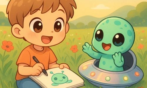 An 8-year-old boy with short tousled light brown hair and bright eyes sits in tall grass with an open sketchbook on his lap and a pencil in hand, showing his drawing to a small round alien named Zog—mint-green with turquoise spots, big expressive eyes and a smiling mouth—who is stepping out of a small pastel-reflective metal saucer with an open porthole and colorful LED lights to the boy's right, applauding and laughing with him in a sunny meadow clearing of green grass, daisies and poppies, soft distant hills and fluffy clouds, warm late-afternoon light, a tender joyful encounter with pastel tones, crisp contrasts, cute textures and simple outlines.