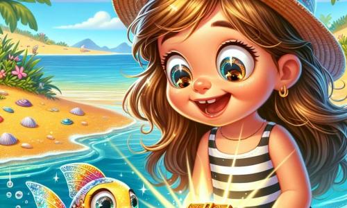 Czteroletnia dziewczynka o długich brązowych włosach i błyszczących oczach ciekawości stoi na złotym piasku plaży. Ma na sobie pasiowany strój kąpielowy i kapelusz słomkowy, a na jej twarzy widnieje szeroki, zachwycony uśmiech. Obok niej pływa mała rybka, Rybka, urocza rybka o błyszczących łuskach i kolorowych płetwach, radośnie pływając w klarownej wodzie i przyjaźnie patrząc na dziewczynkę. Tło to słoneczna plaża z łagodnymi falami, które delikatnie obmywają brzeg, muszlami rozsypanymi po piasku i zielonymi palmami kołyszącymi się na wietrze. Główna scena pokazuje dziewczynkę odkrywającą błyszczącą mapę skarbów, którą trzyma w rękach, z oczyma szeroko otwartymi z ekscytacji, podczas gdy Rybka zbliża się, aby zobaczyć, co znalazła.