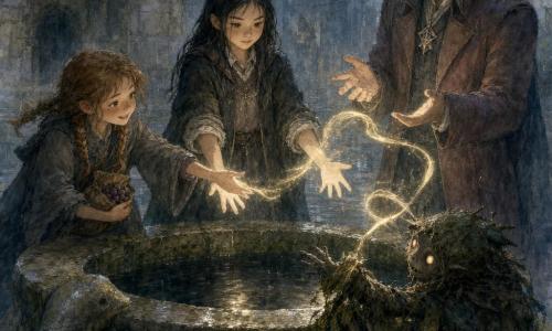Mara Vell, an apprentice witch of about 11, calm and determined with flat black hair and a worn school-robe, stands upright with hands open over a dark stone basin as a thin ribbon of golden 