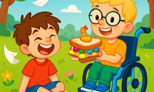 There are two main characters: Max, a 7-year-old boy with messy brown hair, wearing a red t-shirt and red sneakers, sitting on the grass and laughing heartily; and Leo, an 8-year-old boy with blonde hair and round glasses, sitting in a blue wheelchair, smiling joyfully while holding a colorful sandwich. The setting is a sunny park filled with vibrant greenery, where large trees with green leaves sway gently in the wind, and colorful flowers dot the ground. A small pond sparkles in the distance, with ducks swimming peacefully. The main scene shows Max and Leo making a funny sandwich with quirky ingredients like slices of bread, cheese, candy, and a plastic chicken toy, while napkins fly around them in the wind, adding a touch of whimsy to their adventure.