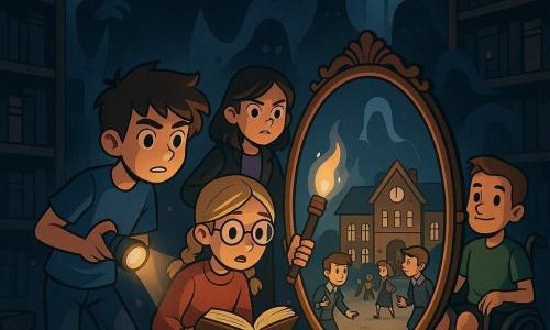 There are 4 children: - **Thomas**: a 12-year-old boy with messy brown hair and sparkling curious eyes. He wears a blue t-shirt and ripped jeans, holding a flashlight that illuminates his determined face. - **Liz**: an 11-year-old girl with braided blonde hair and round glasses. She is dressed in a red sweater and black pants, flipping through an old book with a look of wonder. - **Mia**: a 12-year-old girl with chestnut hair and bright eyes. She wears a leather jacket and sneakers, firmly holding a torch, ready to explore. - **Jake**: a 12-year-old boy with short hair and a confident smile. He is in a wheelchair, wearing a green t-shirt and shorts, carefully observing the scene around him. The children are in a dark, dusty library where shadows dance between shelves filled with old books. Moonlight filters through the dusty windows, creating a mysterious and slightly eerie atmosphere. The main situation shows the children discovering an ancient mirror in the center of the library, reflecting a scene from the school's past, while an ethereal figure looms behind them, ready to reveal its secrets. The atmosphere is tense, full of suspense, with books that seem to whisper and shadows stretching, adding a touch of horror to their exploration.