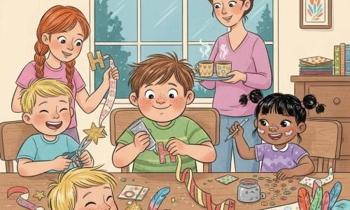 An 8-year-old boy with a round freckled face and messy brown hair, joyful and focused, glues a glittery “H” onto a garland while sitting at the edge of a cluttered table; his 5-year-old sister with black pigtails and a mischievous smile sticks sequins with glue splatters on her nose beside him; his 8-year-old blond friend makes a playful face and cuts a gold star at the left; a 9-year-old redheaded neighbor girl braids and draws tiny fireworks with a silver pen near the paint pots; a 5-year-old blond boy giggles as he staples a colored feather to the garland in the foreground; their mother in her thirties with tied-back hair and a gentle smile stands behind the table holding a tray of steaming cocoa; the warm cream-walled living room has a wooden table strewn with colored paper, silver ribbons, paint jars and a partly assembled garland, a large frosted window letting in bluish evening light—an animated, messy, festive New Year garland-making workshop with sticky hands, sparkling glitter, shared laughter and camaraderie.