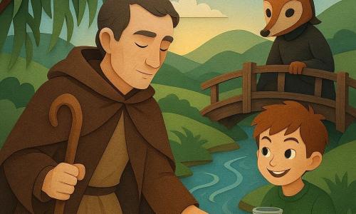 A middle-aged man, Rowan, stands by a river, his face serene and thoughtful. He wears a brown wool cape and holds a polished wooden shepherd's staff. Next to him, a ten-year-old boy, Brin, smiles mischievously, holding a small glass jar filled with fireflies. Behind them, a mysterious character, Foxmask, half-man half-fox, wears a mask sewn with button-shaped eyes, sitting on a worn wooden bridge. The setting is a verdant valley with gentle hills and a blue sky dotted with fluffy clouds. The main scene shows Rowan reaching out toward the river as the wind plays with the willow leaves and the river begins to gently sing, illuminated by the golden light of the setting sun.
