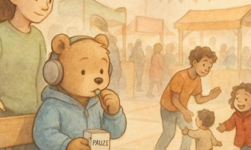 Het hoofdpersonage is een jonge antropomorfe beer met zacht bruin haar, rond gezicht en oplettende ogen, in een lichtblauw jasje en met gewatteerde koptelefoon, opgelucht en geconcentreerd zittend op een bankje in een rustig hoekje terwijl hij een klein karton met "PAUZE" vasthoudt en een pepermuntje kauwt; secundaire personages: Noor, een meisje met bruin paardenstaartje in groene kleren, kalme glimlach en beschermende blik, net naast het bankje met een hand in haar zak en de andere licht op de rugleuning; Timo, een lange jongen met krullend haar en oranje T-shirt, beheerste maar vriendelijke energie, op de voorgrond bij een kraam die een klein gevonden jongetje rustig naar zijn zus begeleidt; Aya, een meisje in een rood jasje met krullend haar en een nat maar opgelucht gezicht, rent in het midden van de scène emotioneel naar haar broertje; locatie: een grote turnzaal omgevormd tot schoolmarkt met zacht licht, pastelkleurige muren, vloerkleden en houten kraampjes met kleurrijke banieren, vage schaduwen van bezoekers op de achtergrond; situatie: een levendige maar georganiseerde markt die solidariteit toont — de beer neemt een discrete pauze in een rustig hoekje terwijl zijn vrienden een zoekactie afhandelen en een kind terugvinden, met een evenwichtige compositie tussen het rustige hoekje en de drukke ruimte.