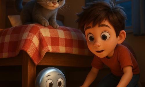A small living shiny button (anthropomorphic) with a curious, proud expression and two round eyes crawls under a bed reaching for a gleaming marble; nearby Max, a 7–9-year-old boy with tousled brown hair, crouches with a hand out to catch it, while Smokey, a fluffy grey cat with mischievous half-closed eyes, perches on the bed edge watching. The warm guest bedroom has a red-and-white plaid blanket, open picture book, a stray sock, and a window admitting a sliver of moonlight; the marble rolls under the bed and emits a faint whistle when it hits the bed leg, creating a soft nighttime scene of shared discovery with moonlight and metallic reflections on the button.
