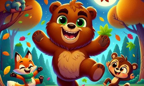 A bear named Benny, big and fluffy with brown fur and a mischievous smile, joyfully jumps into a pile of colorful leaves, arms spread wide and eyes shining with happiness. Next to him, a clever fox named Fiona, with bright orange fur and playful eyes, laughs at Benny while holding a leaf in her paw. A mischievous monkey named Max, with brown fur and a long tail, swings from a tree branch, laughing and watching his friends. The scene takes place in a nighttime park under a starry sky, with a big bright moon illuminating the landscape. Majestic trees surround the area, and multicolored leaves fly in the air, creating a magical and joyful atmosphere. Benny, Fiona, and Max are having fun together, splashing with joy and laughter in a moment of friendship and adventure under the stars.