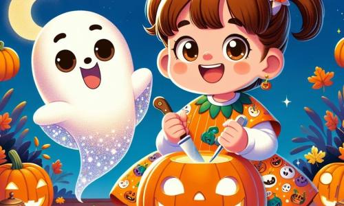 A 4-year-old girl named Emma wears a bright orange pumpkin costume, with a joyful smile on her face. Her brown hair is styled in two small pigtails, and she holds a small plastic knife to carve a pumpkin. Next to her is a little ghost named Boo, floating happily with big round eyes and a friendly smile. He is translucent and leaves a trail of sparkling glitter behind him. The setting is a charming pumpkin patch under a starry sky, with pumpkin-shaped lanterns lighting the path. Colorful autumn leaves cover the ground, adding warmth to the atmosphere. The main scene shows Emma and Boo carving a pumpkin together, laughing and having fun, while costumed children play around them, creating a festive and joyful Halloween atmosphere.