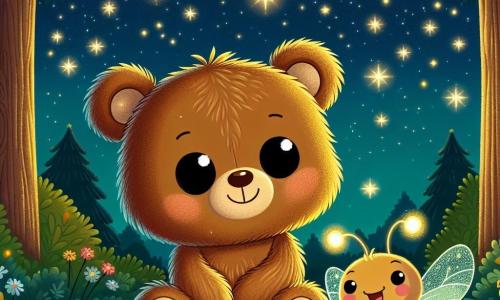 Un pequeño oso de peluche llamado Bruno, con un suave pelaje marrón y ojos redondos y brillantes, está en el centro de la escena, mirando con asombro las estrellas centelleantes en el cielo nocturno. Tiene una ligera sonrisa en su rostro, mostrando que comienza a superar su miedo a la oscuridad. A su lado, una luciérnaga llamada Lila, con un cuerpo luminoso y alas delicadas, vuela alegremente alrededor de Bruno, emitiendo una suave luz dorada. La escena se desarrolla en un bosque encantado, donde los árboles son altos y majestuosos, y el suelo está cubierto de flores coloridas y pequeñas piedras brillantes, creando una atmósfera mágica y acogedora. Bruno, con Lila a su lado, descubre la belleza de la noche, respirando profundamente y admirando las estrellas, mientras el canto de los grillos resuena suavemente a su alrededor.