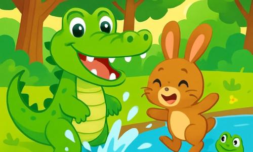 Un crocodil vesel, cu o piele verde strălucitoare și ochi sclipitori, stă pe marginea unui pârâu strălucitor, făcând valuri cu coada sa mare. Zâmbește larg, arătându-și dinții albi și strălucitori, în timp ce stropi de apă zboară în jurul lui. Lângă el, un iepuraș cu urechi mari, cu blană moale și brună, sare în apă cu entuziasm, râzând de fericire. Mai departe, o broască verde cu ochi rotunzi și curioși observă scena de pe o frunză de nufăr, pregătită să sară. În fundal, o pădure luxuriantă cu copaci cu trunchiuri groase și frunze verzi strălucitoare încadrează pârâul, în timp ce razele soarelui străbat ramurile, iluminând scena. Crocodilul se distrează făcând valuri răcoritoare pentru prietenii săi, aducând bucurie și râsete în această frumoasă zi de vară.