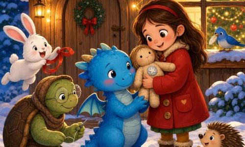 Un pequeño dragón azul brillante de escamas suaves y alas cortas, con sonrisa tímida y mejillas sonrosadas, entrega una muñeca de trapo beige con un botón estrella plateado; Lía, una niña de 6 años con abrigo rojo de grandes botones y ojos maravillados, la recibe delante de la puerta de su casita de madera. Cerca, una vieja tortuga verde de caparazón marrón sonríe y muestra aguja e hilo arrodillada sobre la nieve; a la izquierda de la puerta un conejito blanco de orejas rosas salta sosteniendo una cinta roja; un pájaro azul, con una pluma en el pico, está posado en el alféizar y un erizo marrón con un pequeño paquete se queda junto a las botas de Lía. La escena ocurre ante una casita iluminada por una ventana amarilla cálida que deja ver un abeto decorado; la nieve cubre el techo y el suelo y guirnaldas luminosas cuelgan alrededor de la puerta. Situación: el dragón devuelve la muñeca reparada a Lía en una dulce noche de Navidad, ambiente cálido y colectivo, gestos tiernos y luz dorada contrastando con el frío azul de la nieve.