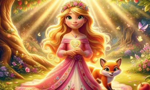 De prinses Elara, een meisje van ongeveer 10 jaar, heeft lange gouden haren die in de zon glanzen, en ze draagt een zijden roze jurk versierd met kleurrijke bloemen. Ze zit onder een grote boom, met een vastberaden glimlach op haar gezicht, terwijl ze een schitterende amulet in haar handen houdt. Naast haar bevindt zich Flinn, een slimme kleine vos met sprankelende ogen, die haar nieuwsgierig observeert, met zijn oren omhoog, klaar om haar te vergezellen op haar avontuur. De scène speelt zich af in de Betoverde Boomgaard, een prachtige boomgaard waar de bomen vol hangen met glanzend fruit en de bloemen dansen in de wind, wat een magische en betoverende sfeer creëert. Zonnestralen filteren door het loof en verlichten de grond bezaaid met kleurrijke bloemblaadjes. Elara bereidt zich voor om de magie van de kristalgrot te confronteren, vastbesloten om de harmonie van haar koninkrijk te herstellen, terwijl Flinn, haar trouwe metgezel, haar aanmoedigt met een hoopvolle blik.