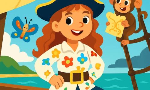 Een jonge piratenvrouw, Kapitein Roos, staat trots op het dek van haar schip, De Springende Papegaai. Ze heeft lange, krullende haren, een witte blouse met kleurrijke patronen en een grote leren riem. Haar gezicht straalt vastberadenheid en opwinding uit, met een stralende glimlach. Naast haar klimt een ondeugende aap genaamd Max, met een bruin vacht en ondeugende ogen, op de mast terwijl hij een schatkaart vasthoudt. Een kleurrijke vlinder, Pico, fladdert om haar heen en voegt een vleugje magie toe aan de scène. Op de achtergrond schittert een turquoise zee onder een heldere blauwe lucht, met zachte golven en groene eilanden in de verte. De belangrijkste situatie toont Kapitein Roos, klaar om op avontuur te gaan, terwijl een storm zich aandient, wat een spannende en mysterieuze sfeer creëert.