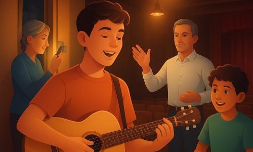 Adolescente Luca guarda concentrato e felice, viso illuminato e labbra socchiuse mentre suona due accordi su una chitarra chiara contro il petto su un piccolo palco sotto luce calda; ragazzo di circa 12 anni, Nabil, ricci e sorridente, batte il ritmo sul ginocchio accanto a Luca, leggermente indietro a destra; il maestro Rinaldi, sulla cinquantina con capelli sale e pepe e camicia bianca, dirige con una mano alzata davanti al coro, sguardo calmo e preciso; Ada, la custode di circa 60 anni con capelli grigi raccolti e torcia in mano, sta vicino a una porta tecnica aperta a sinistra sistemando un piccolo quadro elettrico; luogo: vecchio teatro comunale con alto soffitto e travi scure, palco in assi consumate e sipario bordeaux, sedute in legno in fondo; situazione: prova ripresa dopo un blackout, atmosfera calda con fasci dorati e silhouette sui muri, espressioni concentrate e collaborazione evidente fra i presenti.