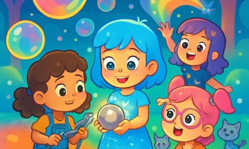 Ci sono 4 bambini: - Stella: una ragazza di 5 anni con capelli blu come il cielo, indossa un vestito scintillante e scarpe da ginnastica luminose. È al centro, tiene una piccola sfera di metallo che brilla. - Gaia: una ragazza di 5 anni con capelli ricci castani, vestita con una tuta da lavoro piena di tasche. È a sinistra di Stella, mentre esamina la sfera con strumenti futuristici. - Mia: una ragazza di 5 anni con capelli rosa e occhiali a forma di cuore, indossa una gonna colorata. È a destra di Stella, circondata da piccoli gatti robot che fluttuano attorno a lei. - Lila: una ragazza di 5 anni con capelli viola, indossa una maglietta con motivi di stelle e pantaloni corti scintillanti. È dietro Stella, mentre crea un ologramma colorato che illumina la scena. Il luogo è il Parco delle Bolle Fluttuanti, uno spazio magico pieno di grandi bolle trasparenti che fluttuano nell'aria, riflettendo colori vivaci. Il terreno è morbido e soffice, e alberi futuristici con foglie luminescenti circondano i bambini. La scena principale mostra i bambini che scoprono la sfera misteriosa, i loro volti illuminati dalla luce che emette. Sono tutti curiosi e meravigliati, pronti a esplorare cosa questa scoperta potrebbe rivelare.