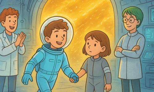 A smiling but focused boy, Constan (about 12–14), in a glossy light-blue spacesuit with silver seams and raised transparent helmet, reaches out gloved to guide a round-faced girl, Elu (about 11–13), in a small gray suit with a bandage on her arm as they walk cautiously through a docking bay toward a glowing airlock while golden solar-flare sparks and static streaks fill the exterior; behind them Dr. Hexa (about 35), short green hair, silver technical jacket and thin glasses, stands by a control panel with arms crossed and a relieved look, and Ren (about 30), short red-haired and stocky, applauds near another side of the airlock holding a bright tablet—the curved metal hangar is lit with blue and gold neon, floating cables and holograms, the mood tense but warm with dynamic rightward movement and a halo of light around the characters.