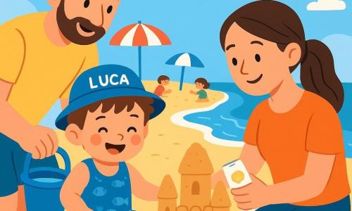 Un bambino di 2 anni, di nome Luca, è seduto sulla sabbia dorata della spiaggia. Ha i capelli castani disordinati, le guance rosa e un grande sorriso felice. Indossa un costume da bagno blu con motivi di pesci e un piccolo cappello da sole. Gioca con un secchiello rosso e una paletta blu, concentrato e felice. Accanto a lui, la mamma, una donna di circa trent'anni con i capelli lunghi e castani raccolti in una coda di cavallo, sorride mentre tiene un flacone di crema solare, pronta ad applicarla sulle braccia di Luca. Più lontano, il papà, un uomo di circa 35 anni con una leggera barba e una maglietta gialla, raccoglie acqua di mare in un secchiello per aiutare Luca a costruire il suo castello di sabbia. La scena si svolge su una spiaggia soleggiata, con onde dolci che lambiscono la riva. Il cielo è di un blu brillante, punteggiato da alcune nuvole bianche e soffici. Ombrelloni colorati sono piantati sulla sabbia e bambini giocano in lontananza. Luca e la mamma stanno costruendo un grande castello di sabbia, aggiungendo torri e decorando la cima con conchiglie. L'atmosfera è gioiosa e piena di risate, mentre il sole splende in questa bella giornata d'estate.