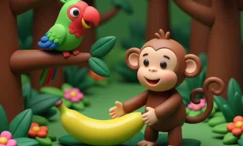 A small monkey named Momo with a joyful, curious expression, round face, soft brown fur, large ears and a long corkscrew tail reaches for a shiny yellow banana on a bed of green leaves while a bright green, red and blue parrot called Polly perches on a branch to the left, watching and clicking its beak; the dense jungle of thick brown trunks, emerald leaves, pink and orange flowers and soft mossy ground creates a warm, friendly scene of discovery and friendship with saturated colors, rounded silhouettes and a simple centered composition for toddlers.