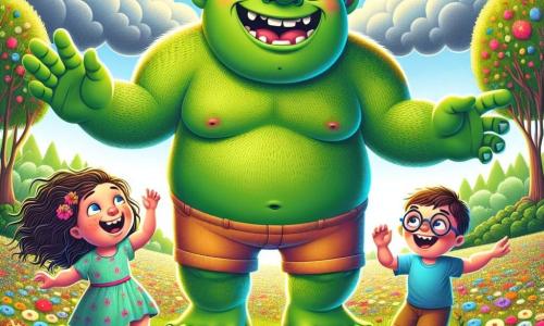 In het midden van de afbeelding staat Ollie, een grote ogre met een heldergroene huid, met grote, ronde en glanzende ogen als sterren. Hij heeft een brede glimlach die zijn vriendelijkheid toont en speelt vrolijk met kinderen. Zijn lichaam is gespierd maar zacht, en hij draagt een kleurrijke stoffen short. Aan zijn rechterkant rent een klein meisje van ongeveer 7 jaar met krullend haar en een mooie roze jurk lachend om hem heen. Aan zijn linkerkant probeert een 8-jarig jongetje met een bril en een blauwe t-shirt hem aan te raken om verstoppertje te spelen, met sprankelende ogen van opwinding. De achtergrond toont een uitgestrekt veld met kleurrijke bloemen, onder een heldere blauwe lucht met wattenachtige wolken. Bomen met glanzende bladeren omringen het veld en kleurrijke ballonnen zweven in de lucht. De scène toont Ollie, de ogre, omringd door kinderen die samen lachen en spelen, wat de magie van vriendschap en acceptatie illustreert.