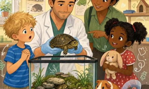 Een glimlachende rustige dierenarts van rond de dertig met kort kastanjebruin haar en licht gekrezen witte jas tilt voorzichtig een kleine groen‑bruine schildpad met geel patroon van de schaal; hij heeft een zachte, aandachtige en geruststellende blik en buigt boven een glazen terrarium waarin de schildpad met een poot tussen twee platte stenen vastzit temidden van mos en kleine planten. Links staat een ongeveer 8‑jarige jongen met warrig blond haar en een blauw gestreept T‑shirt mond open van verwondering en handen samengevouwen, rechts een ongeveer 7‑jarig meisje met zwart haar in knotjes in een rood witgestippeld jurkje die een knuffelkonijn vasthoudt en bewonderend kijkt. Achter hen een verzorgster van rond de veertig met lichtte huid en donker kastanjebruin haar in een knot en een groene outfit wijst bemoedigend naar het terrarium. Naast het terrarium op een open plank een rossige cavia (Max) die op een schijfje appel knabbelt en een kleine grijze rat (Charlie) met een plastic halsbandje ligt op zacht stro. Binnenlocatie: helder dierenasiel met lichtgeel geschilderde muren, houten planken, kleurrijke zorgposters, schone tegelvloer en zachte warme lichtinval. Hoofdscène: tedere geruststellende redding met precieze handelingen van de dierenarts die de schildpad bevrijdt terwijl de kinderen vol ontzag toekijken, kalme optimistische sfeer. Grafische stijl: heldere maar zachte kleuren, afgeronde contouren, lichte potloodtexturen en kleine dierdoodles (pootjes, hartjes, planten) rondom de personages.