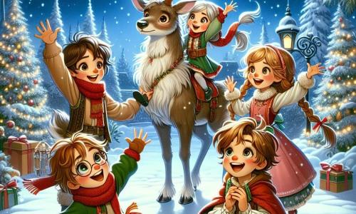W magicznej scenie świątecznej czterech dzieci radośnie stoi wokół dużego renifera. Kuba, 11-letni chłopiec z rozczochranymi brązowymi włosami i czerwoną szalikiem, szeroko się uśmiecha, jakby witał przygodę. Ania, 10-letnia dziewczynka z długimi blond warkoczami i zielonym płaszczem, macha do renifera, jej oczy błyszczą z ekscytacji. Bartek, 9-letni chłopiec w okrągłych okularach i kasztanowych włosach, klęczy z dużym prezentem, z zachwytem w spojrzeniu. Zosia, 8-letnia dziewczynka z kitkami i świątecznym czapeczkiem, tańczy radośnie wśród opadających płatków śniegu. W tle widać piękny zimowy krajobraz z drzewami pokrytymi świecącym śniegiem i świątecznymi światłami oświetlającymi gwiaździste niebo. Dzieci przygotowują prezenty do rozdania, otoczone magią i radością, a renifer jest gotowy, by zabrać je w zaczarowaną przygodę.