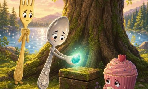 Silverina, a shiny anthropomorphic teaspoon with a round face, curious eyes and a repentant gentle expression, extends a small glowing teal-blue crystal toward a moss-covered wooden box at the base of an ancient oak; to her left, Forky, a worried smiling pale-yellow fork with thin tines, stands slightly back with clenched hands; to her right, Cupcake, a pink cupcake tin whose laughing face has turned serious and eyes watery, crouches holding a crumpled napkin as if comforting; they are in a forest clearing carpeted in green moss with a distant diamond-sparkling lake under a pastel sky, as the crystal's soft light rises while they place it in the box, an atmosphere of repair and restored truth.