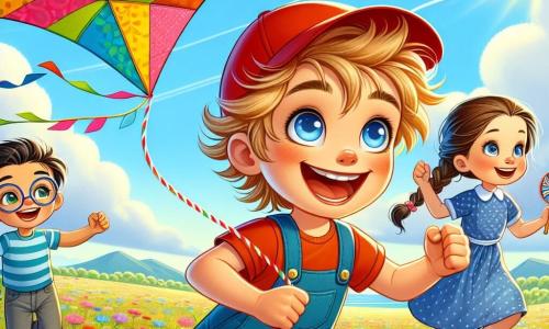 Benny, a young boy with messy brown hair and a red cap, has a wide smile of excitement. He stands in a green field, holding a large, colorful kite with bright patterns. Next to him, Lily, a girl with braided blonde hair, about 8 years old, encourages him by raising her arms, her eyes shining with joy. A bit further away, Sam, a 7-year-old boy with brown hair and round glasses, watches in wonder, holding a fan to create wind. The scene takes place in a sunny, vast field dotted with brightly colored wildflowers, under a clear blue sky with a few fluffy white clouds. The main action shows Benny running enthusiastically, ready to launch his magical kite into the sky, while his friends cheer him on, eager to see their creation take flight.