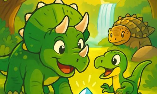 Ein fröhlicher Triceratops mit glänzend moosgrüner Haut und drei majestätischen Hörnern steht im Mittelpunkt der Szene, sein neugieriger und staunender Blick strahlt Enthusiasmus für das bevorstehende Abenteuer aus. An seiner Seite hüpft ein schelmischer Velociraptor mit grünen und gelben Federn aufgeregt, seine Augen funkeln vor Schalk. Im Hintergrund beobachtet ein alter Ankylosaurus mit einem Panzer aus robusten Platten und weisen Augen die Szene wohlwollend, nahe einem großen Felsen. Der Ort ist ein grünes Tal, durchflutet von goldenen Licht, mit üppigen Farnen und riesigen, knorrigen Bäumen. In der Nähe glitzert ein majestätischer Wasserfall und schafft eine magische Atmosphäre. Die Hauptsituation zeigt, wie der Triceratops und der Velociraptor einen geheimnisvollen, leuchtenden Kristall entdecken, der faszinierendes Licht ausstrahlt, während sie neugierig näher kommen, bereit für ein neues Abenteuer.
