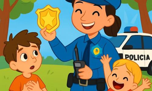 La policía Clara, una mujer sonriente de unos treinta años, lleva un uniforme azul brillante y una gorra. Su rostro irradia alegría y orgullo mientras muestra su gran placa brillante a los niños. A su lado, Lucas, un niño de 8 años con el cabello castaño desordenado, la observa con los ojos muy abiertos, maravillado por el mundo de la policía. Ana, su hermana pequeña de 6 años, con cabello rubio y trenzas, salta de alegría levantando las manos, ansiosa por descubrir el vehículo policial. La escena tiene lugar en un parque verde, lleno de árboles majestuosos y flores coloridas, bajo un cielo azul brillante. Al fondo, un gran vehículo policial negro y blanco brilla bajo el sol, con sus luces intermitentes encendidas. La situación principal muestra a Clara explicando a los niños la importancia de su trabajo, mientras les enseña a usar la radio de policía, rodeada de risas y exclamaciones de asombro.