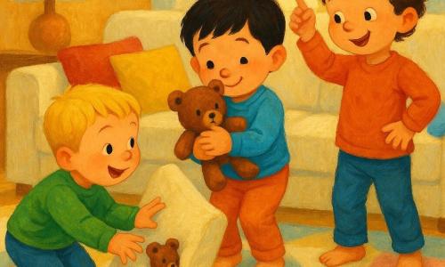 Drie jongetjes van ongeveer 4 jaar: een blond jongetje met kort haar hurkt links voor een groot bankkussen en reikt naar een bruin knuffelbeer dat achter het kussen uitsteekt; een krullig bruinharig jongetje staat rechts bij de bank met één hand op de heup en de andere vinger omhoog alsof hij 