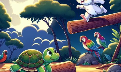 Una tortuga llamada Tina, con un caparazón verde y ojos brillantes de alegría, se desliza bajo un gran tronco de madera, sonriente y decidida. Junto a ella, un pequeño conejo llamado Ramón, con orejas largas y pelaje blanco, salta torpemente sobre un charco, salpicando agua a su alrededor mientras ríe. Un loro colorido llamado Lalo, posado en una rama, observa la escena con una expresión divertida, sus plumas brillantes de rojo, verde y azul resplandeciendo bajo la luna. El escenario es un zoológico nocturno, iluminado por la suave luz de la luna, con árboles frondosos, estrellas brillantes en el cielo y sombras danzantes alrededor de los animales. La situación principal muestra a Tina y Ramón en una carrera de obstáculos, llena de risas y amistad, creando una atmósfera alegre y lúdica.