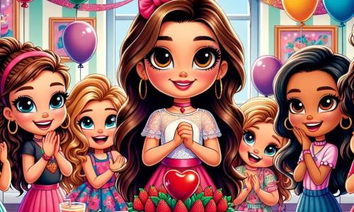 Em uma sala iluminada e colorida, Clara, uma menina de sete anos com longos cabelos castanhos e olhos brilhantes, está no centro, sorridente, cercada por suas amigas. À sua direita, Sofia, uma menina com cabelos loiros e cacheados, bate palmas com entusiasmo. À esquerda, Luna, uma menina com cabelos negros e lisos, segura um balão vermelho em forma de coração, enquanto Bia, uma menina com cabelos castanhos presos em um rabo de cavalo, está sentada em uma pequena cadeira, rindo alegremente. A sala é decorada com balões coloridos flutuando no teto, guirlandas brilhantes penduradas nas paredes e uma grande mesa cheia de deliciosos bolos e doces. Um enorme bolo de chocolate, decorado com morangos e chantilly, brilha ao centro da mesa. A cena principal mostra Clara e suas amigas cantando 