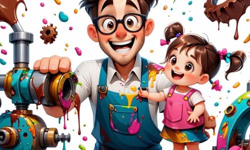 Tico, um homem de cabelos desgrenhados e óculos oversized, está no centro da imagem, com um grande sorriso de empolgação no rosto. Ele usa um macacão cheio de manchas de tinta e chocolate e está trabalhando freneticamente em sua máquina Comedorexpress, cercado por peças soltas e engrenagens coloridas que voam ao seu redor. Ao lado dele, uma menina de cerca de 8 anos, com cabelos castanhos trançados, observa com olhos arregalados, segurando um pedaço de chocolate na mão. Ela veste um vestido de bolinhas e parece fascinada pela invenção de Tico. Um menino de 10 anos, com óculos e uma camiseta listrada, ri alto, com os braços levantados, pronto para pegar um pedaço de bolo que dança ao redor deles. A cena acontece na oficina de Tico, um lugar caótico cheio de máquinas estranhas, papéis espalhados e cores vivas. Prateleiras carregadas de ferramentas e materiais estão ao fundo, enquanto uma janela deixa entrar a luz do sol, iluminando a poeira no ar. A situação principal mostra Tico, com grande energia, ativando sua máquina, provocando uma explosão de chocolate e bolos dançantes, criando uma atmosfera alegre e cheia de risadas. As crianças estão cativadas pelo espetáculo, prontas para embarcar em uma aventura doce e divertida.