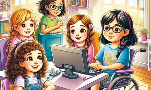 Într-o cameră luminoasă, patru fete sunt reunite în jurul unui computer. Maia, o fată de 10 ani cu părul creț și ochelari, stă în centru, concentrată pe ecran. La dreapta ei, Ana, o fată de 9 ani cu părul blond și o rochie roz, zâmbește uitându-se la joc. La stânga, Sarah, o fată de 10 ani cu părul castaniu împletit, ia notițe cu un carnet colorat. În cele din urmă, Daria, o fată de 11 ani în scaun cu rotile, cu părul negru și un tricou albastru, observă atentă, pregătită să ofere idei. Camera este decorată cu postere colorate de jocuri video și cărți, având o fereastră mare care lasă lumina soarelui să intre, iluminând fețele vesele ale fetelor. Fetele joacă împreună un joc educativ pe computer, unde trebuie să rezolve enigme pentru a traversa un pod virtual spre o insulă misterioasă, împărtășind râsete și idei.
