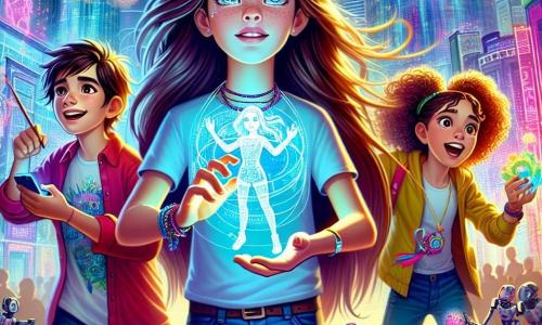 Uma menina de 12 anos, Lúcia, com longos cabelos castanhos e olhos brilhantes, está no centro da cena, mostrando uma expressão de admiração e determinação. Ela usa uma camiseta colorida e uma calça jeans, segurando um dispositivo holográfico, enquanto um leve vento faz seus cabelos flutuarem. À sua direita, Miguel, um garoto de 12 anos com cabelos curtos e bagunçados, manipula um pequeno robô que construiu, com um sorriso orgulhoso no rosto. À esquerda, Sara, uma menina de 11 anos com cabelos cacheados e uma paleta de pintura na mão, desenha formas coloridas no ar, concentrada e entusiasmada. O cenário é uma cidade futurista, Neonópolis, onde edifícios de vidro brilhante se erguem em direção ao céu, cercados por jardins verticais exuberantes. Luzes coloridas iluminam as ruas, e hologramas flutuam ao redor deles, criando uma atmosfera mágica e dinâmica. A situação principal mostra Lúcia e seus amigos testando o VIRTU-Connect, um dispositivo que projeta hologramas em 3D, enquanto descobrem uma cidade verde e vibrante, cheia de plantas e tecnologias inovadoras, enfrentando um desafio inesperado que ameaça distorcer sua realidade.