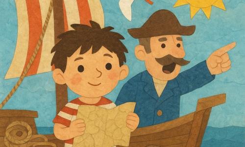 Milo is a young pirate boy with a round face, bright eyes and tousled hair, looking brave and amazed as he clutches a cracked, crumpled map to his chest on the ship's deck; Captain Pebble, a small moustached man of about fifty with a loud open-mouthed expression, stands behind him near a mast pointing toward the horizon; a white seagull with cut-out feathers flies diagonally above Milo to the right with its beak open as if crying; the small wooden ship 