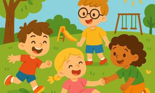 Ci sono quattro amici: Leo, un bambino di 6 anni con capelli castani disordinati e una maglietta rossa, che corre con un grande sorriso; Mia, una bambina di 5 anni con capelli biondi intrecciati e un vestito rosa, che ride mentre si rialza dopo essere caduta; Tommi, un bambino di 6 anni con occhiali e pantaloni corti blu, che guarda Mia ridendo; e Giulia, una bambina di 5 anni con capelli ricci e una maglietta verde, che tende la mano per aiutare Mia a rialzarsi. Si trovano in un parco soleggiato, pieno di alberi verdi, fiori colorati e un grande prato di erba verde. In lontananza si vedono uno scivolo e delle altalene, mentre gli uccelli cantano sugli alberi. La situazione principale mostra gli amici che corrono, con Leo che scivola su una foglia, Mia che ride rialzandosi, Tommi che si ferma a guardare e Giulia che si avvicina per aiutare. L'atmosfera è gioiosa e piena di risate, catturando lo spirito di amicizia e avventura.
