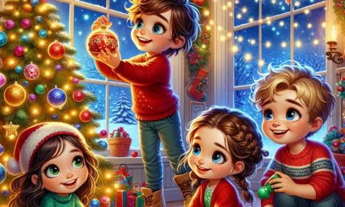 In een magische kerstscène zijn vier kinderen samengekomen in een warme kamer. Tess, een 10-jarig meisje met lange bruine haren en sprankelende ogen, staat in het midden met een mooie glinsterende kerstbal. Rechts van haar is Max, een 9-jarig jongetje met messy blond haar en een brede glimlach, die een kleurrijke slinger omhoog naar de kerstboom reikt. Links kijkt Anna, een 8-jarig meisje met vlechten en een rode trui, verwonderd naar de kerstbal. Tot slot zit Luuk, een 7-jarig jongetje met kastanjebruin haar en ronde bril, in een hurkende positie de onderkant van de kerstboom te versieren met glinsterende sterren. De kamer is versierd met lichtslingers, papieren sneeuwvlokken aan de ramen en een grote kerstboom in het midden, bedekt met kleurrijke ballen en fonkelende lichtjes. Een zachte gouden gloed komt uit de open haard en creëert een warme en feestelijke sfeer. Samen ontdekken de kinderen een mysterieuze kerstbal die lijkt te stralen met een magisch licht, terwijl een zachte melodie in de lucht weerklinkt, hen uitnodigend voor een betoverend avontuur.