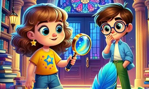 Clara, una niña de 6 años con grandes ojos curiosos y cabello rizado, sostiene una lupa en su mano derecha, mostrando una expresión de emoción y determinación. Lleva una camiseta amarilla brillante con estrellas y un short de mezclilla. A su lado, Lucas, un niño de 6 años con cabello castaño y gafas redondas, observa la pluma azul con aire intrigado, con las manos en los bolsillos de su pantalón verde. La escena se desarrolla frente a una biblioteca antigua, con grandes puertas de madera tallada y ventanas de vitrales coloridos, iluminadas por la luz del crepúsculo. Clara y Lucas descubren la brillante pluma azul en el suelo, preparándose para resolver el misterio de su origen, rodeados de una atmósfera de aventura y curiosidad.